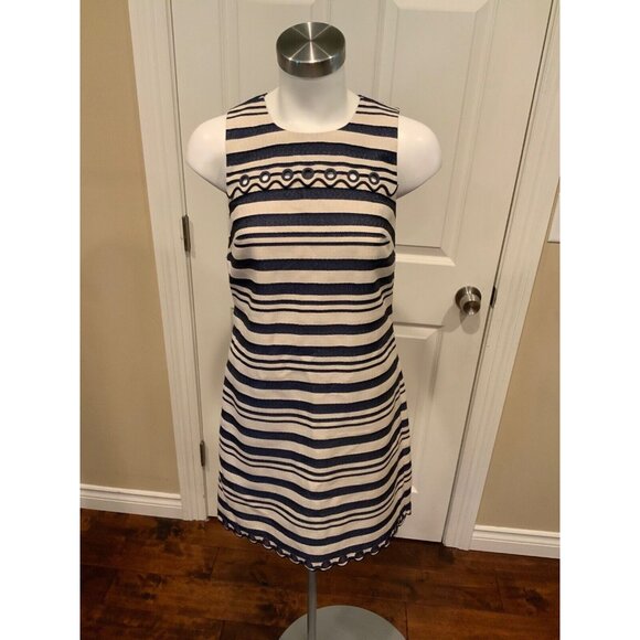 J. Crew Blue & Cream Striped Shift Dress, W/ Scallop & Rivet Hem, Size 00, NWT!! - Picture 1 of 9